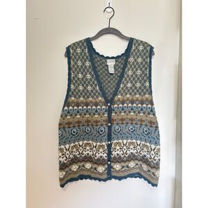 VTG Style Koret Fair Isle Sweater Vest Blue Tan Floral Pearl Button M Academia